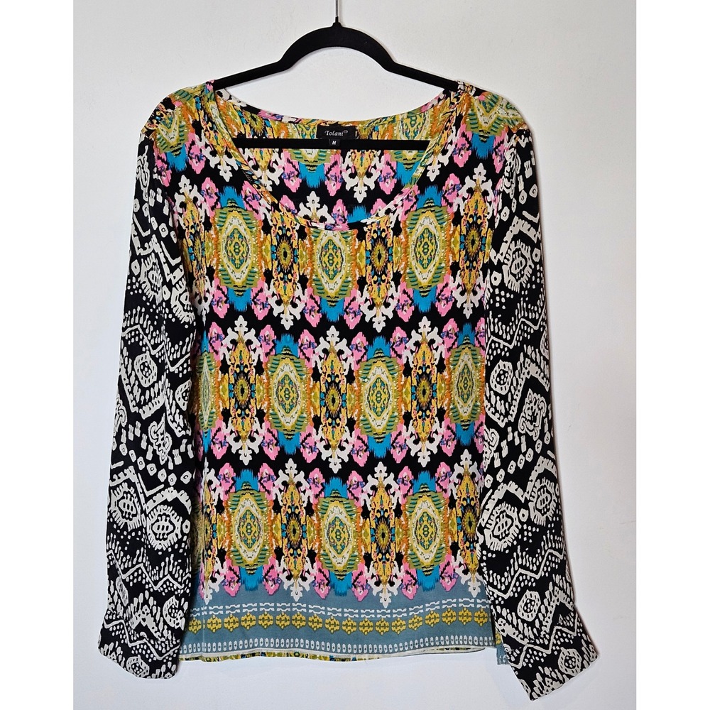 Tolani Anthropologie 100% Silk Boho Multicolor Blouse Top Long‎ Sleeve Womens M